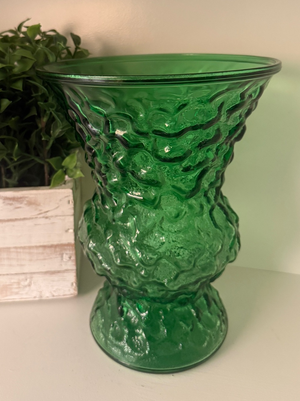 Emerald Green Textured Art Glass Pedestal Vase Heavy Pressed Glass– 10” Tall VTG